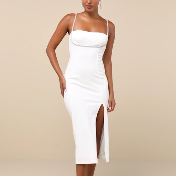 Lulus Upscale Flirt Ivory Rhinestone Sleeveless Bodycon Midi Dress Size L - Picture 1 of 10